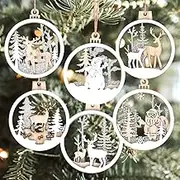 12Pcs White Christmas Tree Ornaments for Winter Wonderland Decorations, 3D Wood Farmhouse Christmas Rustic Ornaments, Wooden Glitter Reindeer Santa Claus Snowman Christmas Tree Decorations