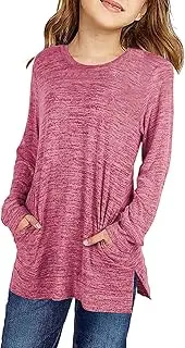 [Dauocie] Girls Long Sleeve Shirts Side Split Tunic Tops with Pocket Crew Neck Basic Shirt