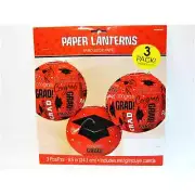 Three 9in Red Black Paper Grad graduation Lanterns Party Decorations