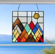 Vibrant Colored Mountain Range Tiffany Style Suncatcher Stained Glass Panel 10in