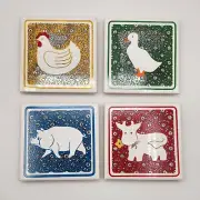 Set of 4 Vintage Country Calico Farm Animal Ceramic Tile Trivets With Box