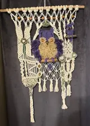 Handmade Macrame Owl Hanging, Folk Art Wall Art