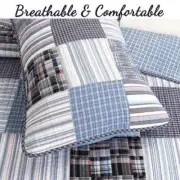 NEW! ~ CLASSIC BLUE DENIM NAVY WHITE RED PLAID MODERN SOFT PATCHWORK QUILT SET