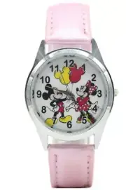 Mickey and Minnie Mouse Cartoon Characters Pink Leather Band Wrist Watch