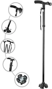 Folding Cane with Led Light for Seniors, Adjustable Walking Cane for Balance, Walking Stick for Elderly with Cushion T Handle and Pivoting Quad Base