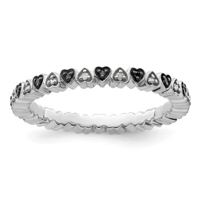 Sterling Silver Stackable Hearts Black & White Diamond Ring Size 6 for Women