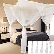 xinyee Bed Canopy Curtains 4 Doors Square Polyester Bed Net Bedroom Decoration Easy Installation for Queen/King Size with Storage Bag 190 * 210 * 240cm White