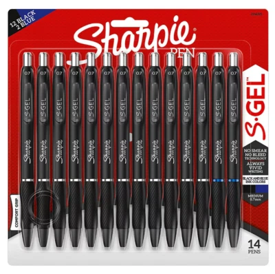 Pack of 14 Sharpie S Gel Pens 14 Ct. Rubber Grip, 12 Black and 2 Blue