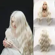 SereneWig 24 Inch Women's Wavy Long Hair White Blonde Synthetic Hair Lace Front for Festivals Cosplay Party Pastel Blonde Natural Colour Daily Use Medium Part