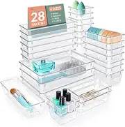 Hormes 28pcs Drawer Organisers Set, 4 Sizes Clear Plastic Drawer Organizer & Vanity Organiser for Makeup & Jewelry Storage, Kitchen Utensils & Gadgets, Desk Supplies, Bathroom & Bedroom Organisation