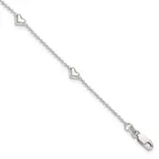 Sterling Silver Dangling Heart 9In Plus 1In Ext Anklet