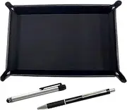 TRASB-ALST-WZ2067BP-B Japanese Grain Cowhide Leather Pen Tray Black Metal Touch Stick Silver and Metal & Pitch Grip Ballpoint Pen Set Black