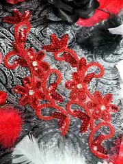 0396 Red Floral Mirror Pair Beaded Sequin Appliques 7" SEWING CRAFTS MOTIF :)