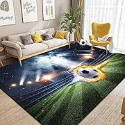 Football Field Play Mat, Ice Fire Football Printed Large Area Rugs, Sports Non-Slip Football Rug, 3D Football with Flames, Printed Rugs for Teenagers' Room, 100 x 180 cm