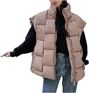 [HEPUDNHS] Winter Coat Womens Puffy Vests Winter Quilted Stand Collar Puffer Coat Full Zipper Thicken Warm Jacket Outwear Stitching Design Coats Padded Gilet