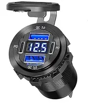 12 V USB Socket 78 W 4 Ports Aluminium Car Charger Socket, Dual PD 30 W and Dual QC 18 W Car USB Port 12 V Charger with Voltmeter, Suitable for Boat, Marine, Bus, Truck, Golf, RV, Motorcycle