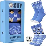 [MANCHESTER CITY] F.C. Calf Length Boys Socks with Bouncy Football - Boys Gifts, Blue, 3-7