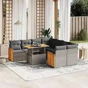 Garden Sofa Set Poly Rattan with Cushions for Patio, Outdoor, Balcony, Deck, Seating and Table, 9 Piece Furniture