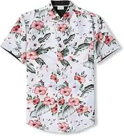 [Hat and Beyond] Mens Casual Hawaiian Flower Beach Pattern Vacation Button Up Bohemian Dry Fit Bowling Shirts (Small, 1vw7006_White/Black/Redflower)