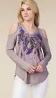Mauve Long Sleeve Cold Shoulder w/Feathers, Stones Top, Vocal Apparel S-M, USA