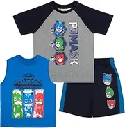 [PJ Masks] Boys 3 Piece Short Set Short Sleeve Shirt Tank Top Shirt and Shorts 3 Pack Bundle Set for Kids and Toddlers