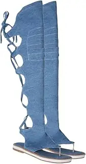 [LIFKOME] Women Shoes Roman Style Hollowed Out Boots Tall Summer Sandals Blue 36 Sturdy and Comfortable
