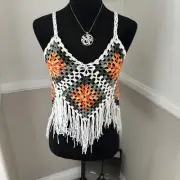 NWT Vivid New York Crochet Boho Tank Top W/Fringe Festival White Multi $49.99 S