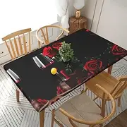 5 Foot Rectangle Elastic Fitted Tablecloth, Waterproof Edged Great for Picnic Party Outdoor Patio,Red Rose and Wine Romantic Lovers Decor