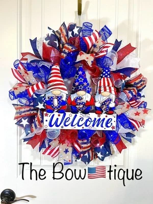 Handmade 4th of July Welcome Patriotic Gnome Prelit Wreath 22 in LED W7