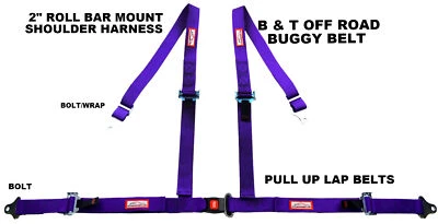 RACERDIRECT PURPLE 4 POINT SEAT BELT HARNESS PULL UP LAP BELTS ROLL BAR MOUNT