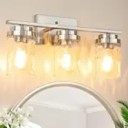 Modern Bathroom Light Fixtures 3 Light Vanity Lights Hammered Glass, Silver