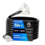 50 FT Outdoor Extension Cord with Multiple Outlets, 12 Gauge Heavy 50FT Black