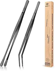 Fine Cooking Tweezers Set, Professional Stainless Steel Food Tongs, Kitchen Black Long Chef for Cooking, Plating, Decorating and BBQ (2 PCS Black)