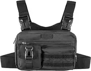 Fitdom Tactical Inspired Sports Utility Chest Pack. Chest Bag for Men with Built-in Phone Holder. This EDC Rig Pouch Vest is Perfect for Workouts, Cycling & Hiking, Jet Black, Tactical Chest Bag