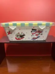 Temptations Ceramic Baking Loaf Pan Hand Painted Snowman Design
