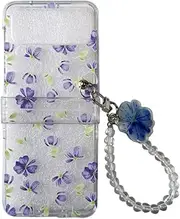 GO-VOLMON for Samsung Galaxy Z Flip 4 Girly Case with Strap, Clear Woman Case for Galaxy Z Flip 4 Hinge Protection, Stylish Flower Case for Galaxy Z Flip 4 with Cute Wristband (Purple Flower)