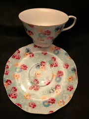 Grace’s Teaware Tea/Coffee Cup & Saucer, Mint Green Chintz, Never Used w/tags
