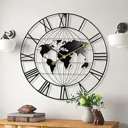 KEQAM Large World Map Wall Clock,Metal Minimalist Modern Clock,Round Decorative Silent Non-Ticking Battery Operated Wall Clocks for Living Room/Entryway/Kitchen/Bedroom/Office/School Decor (24 Inch)