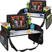 Lusso Gear Kids Travel Tray for Car (2 Pack) - Road Trip Essential for Kids - Must Have Car Seat Organizer for Toddlers - Lap Desk for Snacks and Toys - Car Accessories (Black)