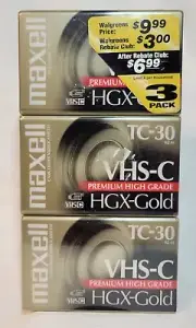 3 Pack NEW Maxell TC-30 VHS-C Premium HGX-Gold VHSC Cassette Tapes Sealed