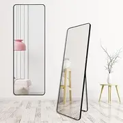 Black Aluminium Frame Full Length Mirror 70x170cm Modern Rectangular Design Rounded Edges Chic Wall Mounted Freestanding Home Décor Ideal for Hallway Bathroom Bedroom Durable Glass Stylish