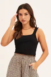 Black Crop Tank Top Scoop Neck - Size S, Women's Tank
