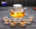 8 Pc Tea Set Euro Style Glass Teapot 700ml + Heart Warmer + 6 Double Wall Cups