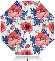 [RPLIFE] Umbrella for Rain, Lightweight Portable Auto Open Close for Women, Travel Umbrellas for Rain, Wind and Sun, Red Poppies Blue Leaves