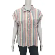 Orvis Womens Stripe Printed Line Rayon Button Front Tee Shirt Small Size Top