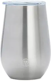 [Y DRINK] Stylish Stemless Cocktail Wine Glass Tumbler 12oz - Double Wall Insulated Cup - Splash Proof Lid -Food Safe - Non-Corrosive Stainless Steel Brushed Silver (Silver Fox)