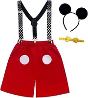 Wosixima Toddle Boys Girls Cake Smash Costume kids Birthday Party Outfit Red Short Pants + Y-Back Suspenders + Bow tie + Mouse Ears Headband, 2-3T