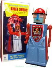 Mr. Chief Smoky Robot Battery Op Tin Toy KO Japan Design Blue