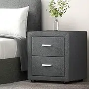 Artiss Bedside Table with 2 Drawers Grey Faux Leather Upholstered Drawer Bed End Side Tables Storage Cabinet Nightstand, Bedroom Living Room Home Furniture Organiser, Narrow Space Unit