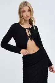 Black Top Crop Texture Long Sleeve Tie Front - Size 10, Women's Top